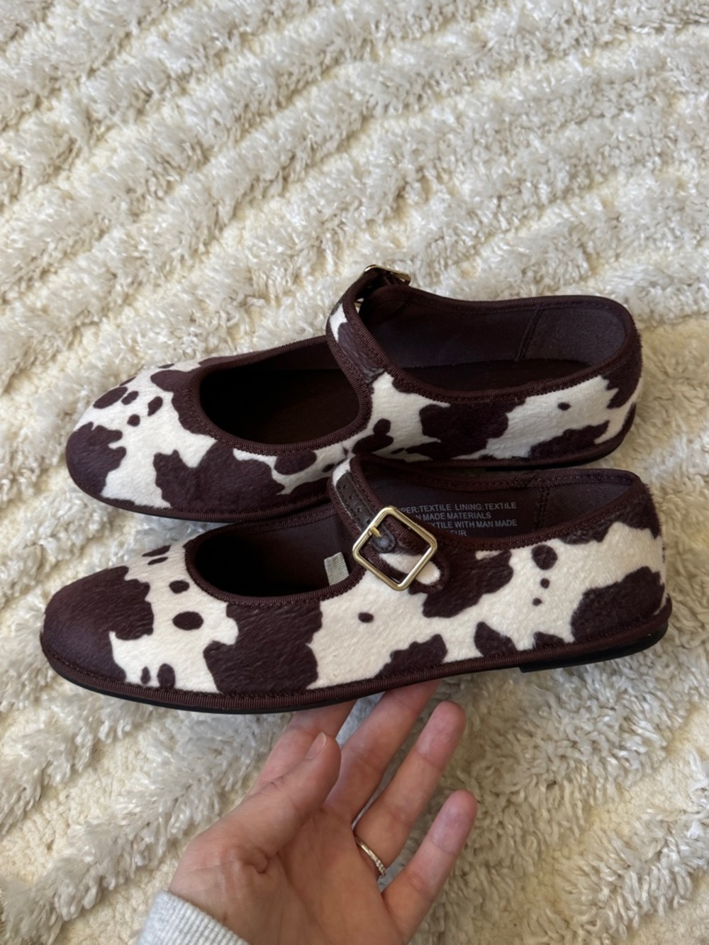 Womens Cow-Print Mary Jane Shoes in Brown and White